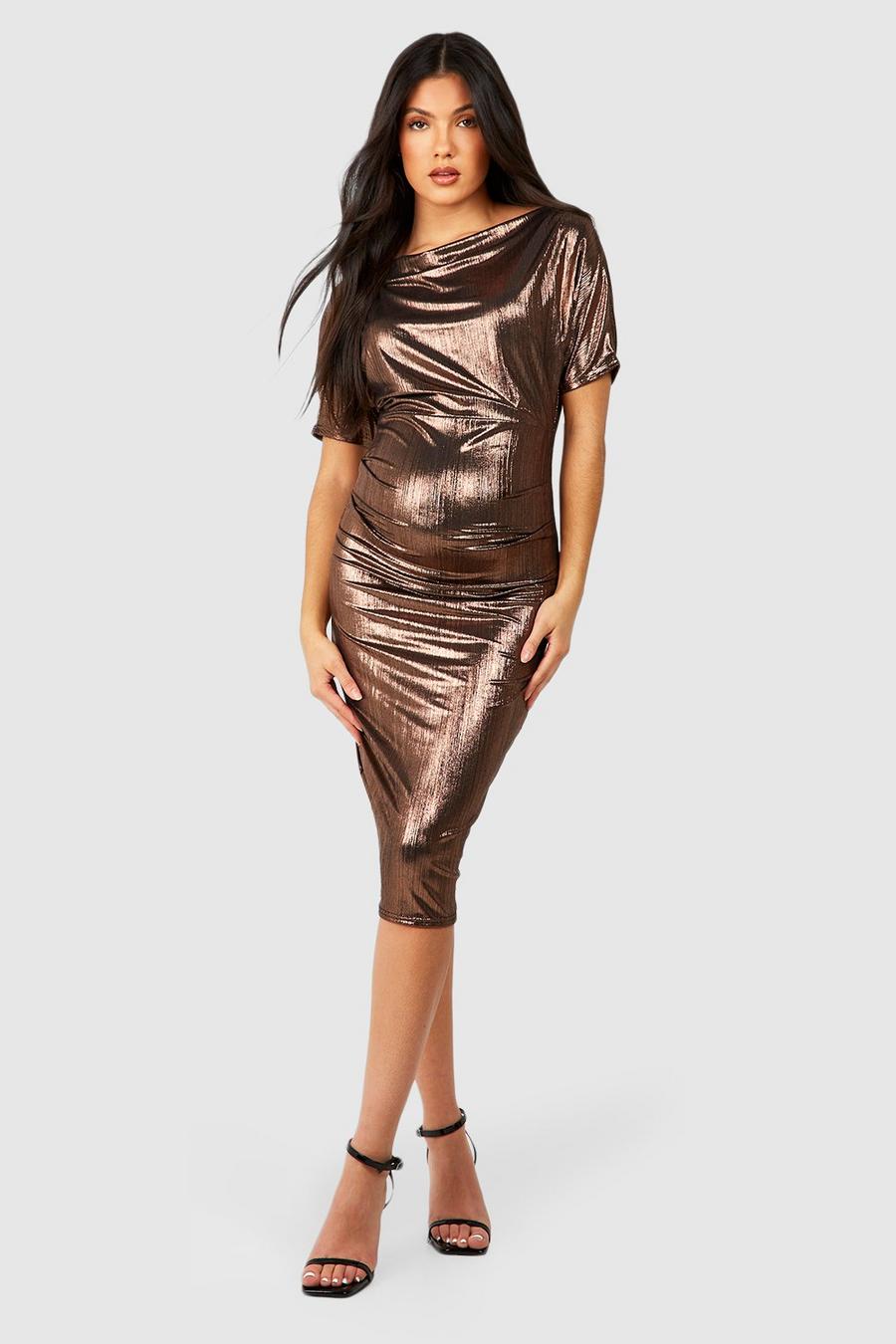 Gold Maternity Pleated Metallic Slash Neck Midi Dress image number 1