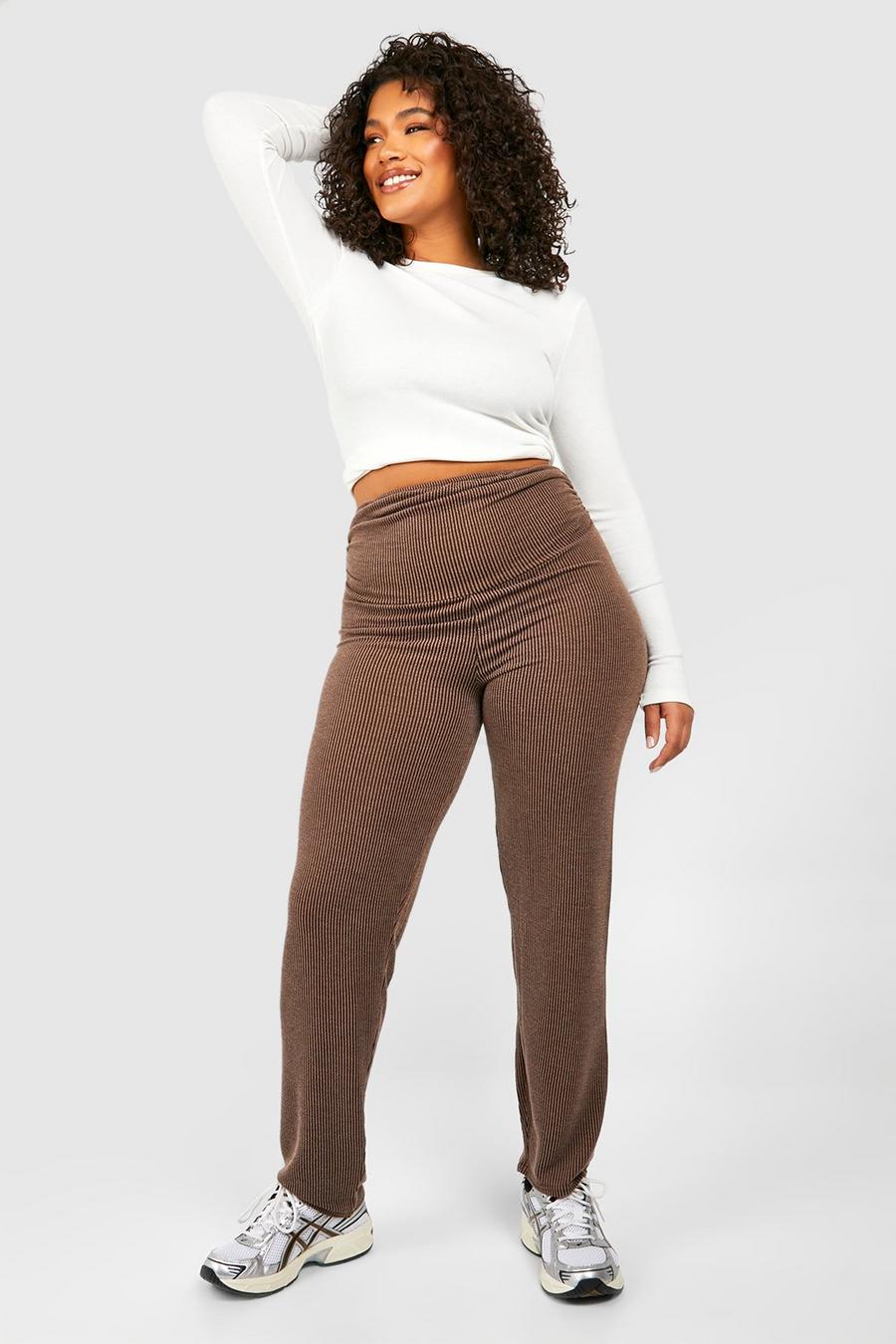 Chocolate Plus Washed Ribbed Folded Waist Straight Leg Trousers image number 1