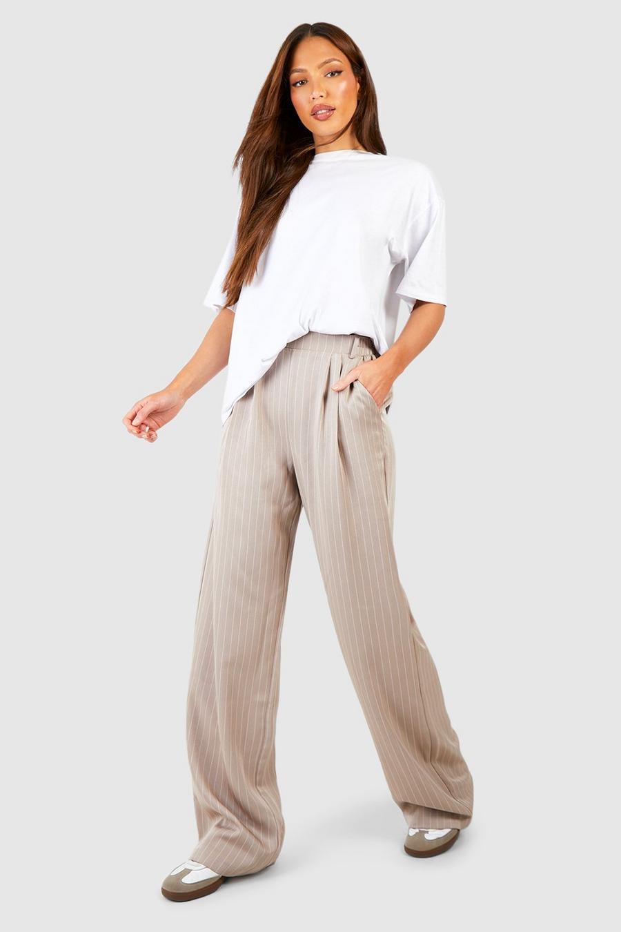 Taupe Tall Pinstripe Tailored Wide Leg Pants image number 1