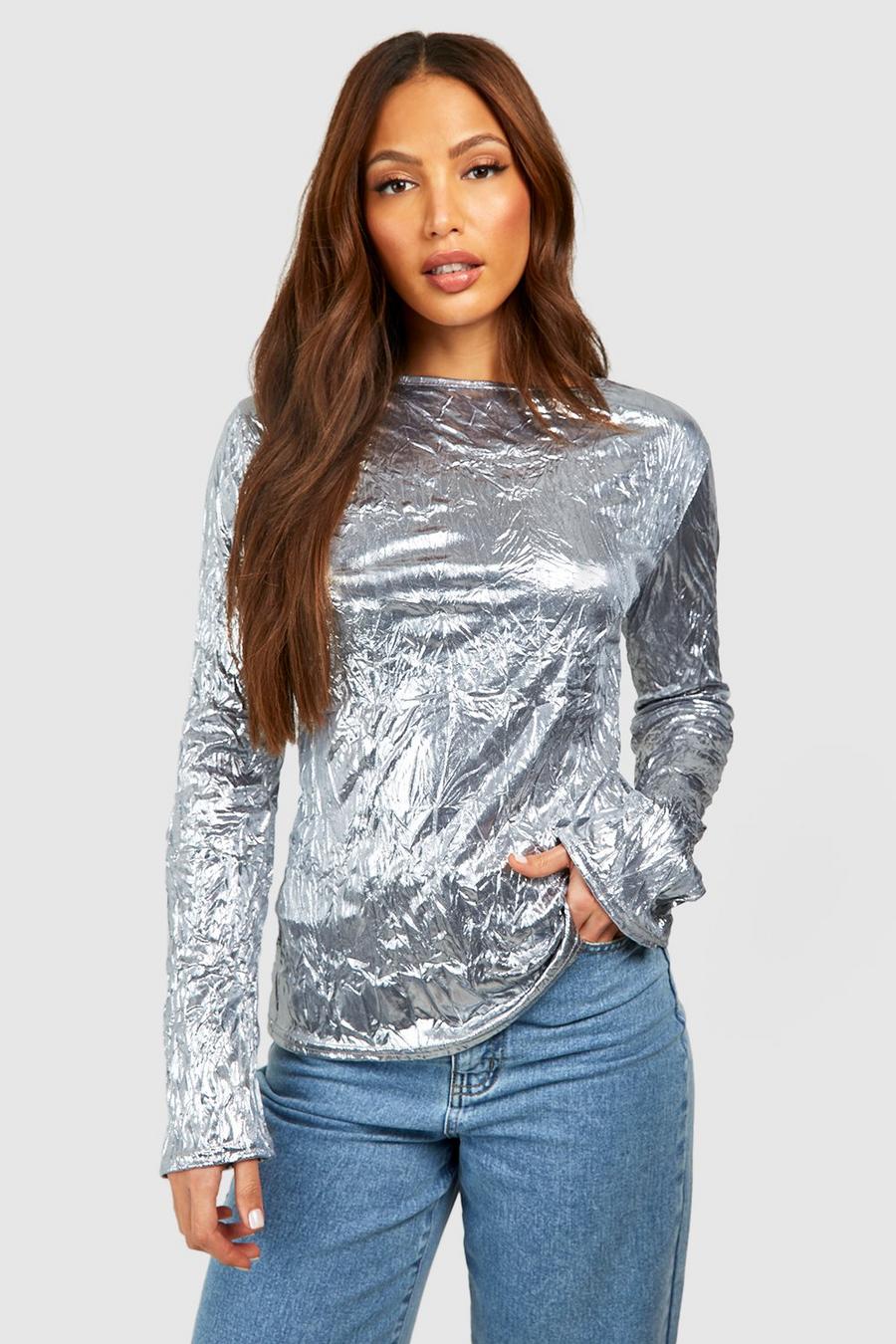 Silver Tall Crushed Metallic Flared Longsleeve Top image number 1