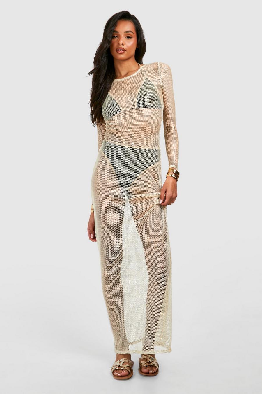 Beige Tall Lång strandklänning i nät med metalliceffekt image number 1