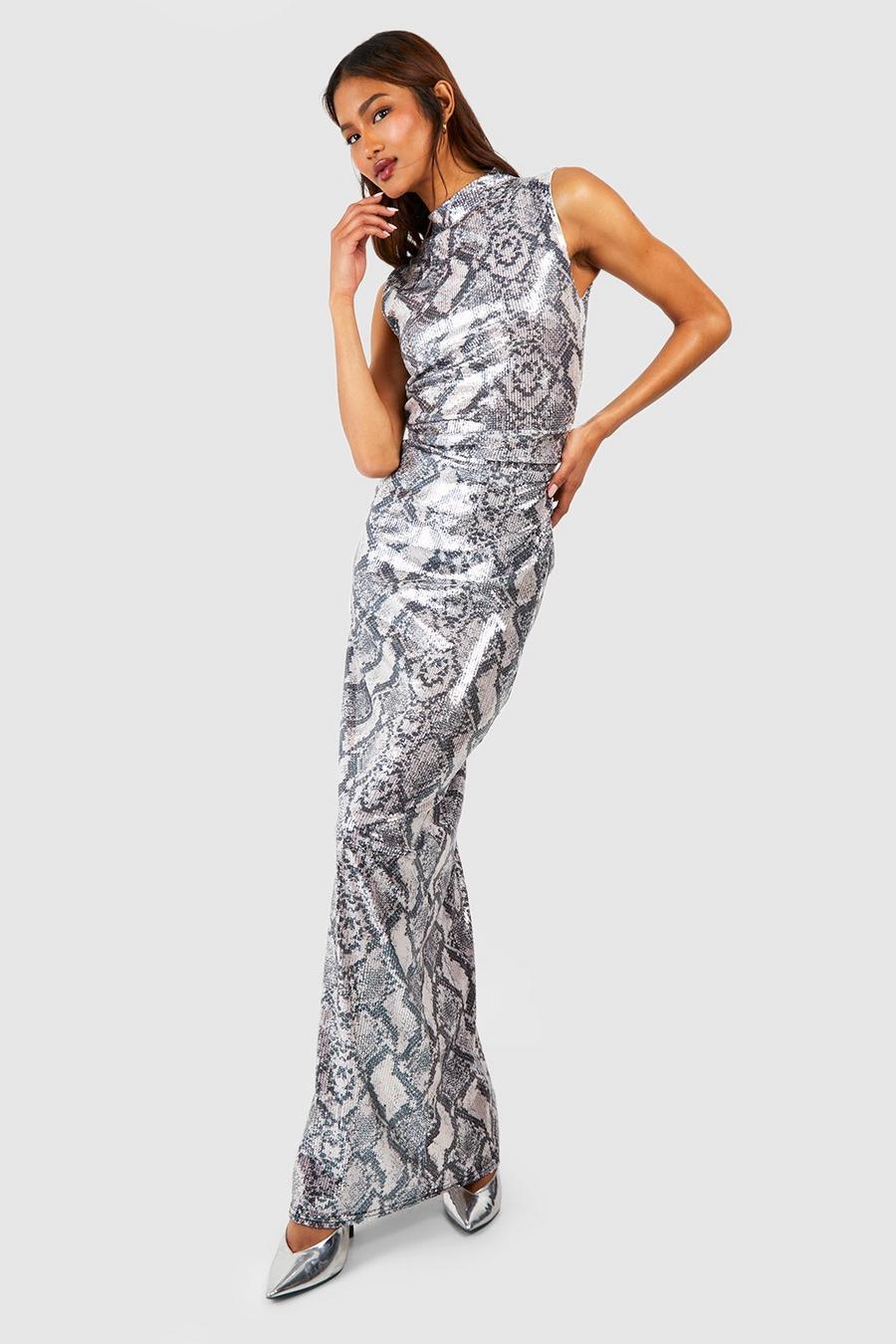 Grey Tall Sequin Snake Print High Neck Ruched Side Midi Dress image number 1