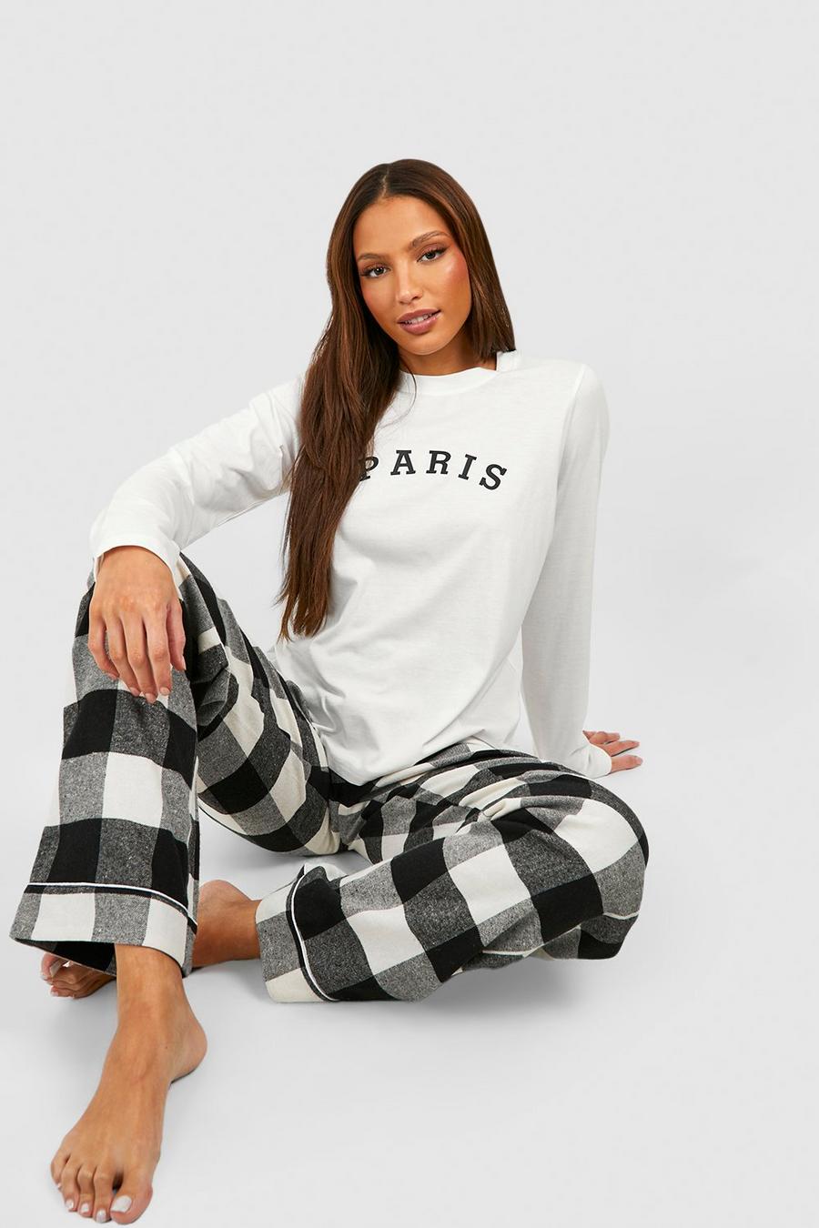 Black Tall Paris Print T Shirt And Brushed Check Pants Set image number 1
