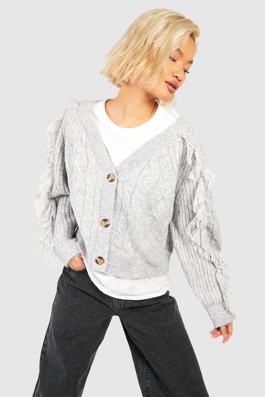 Silver Cable Knit Tassel Sleeve Cardigan image number 1