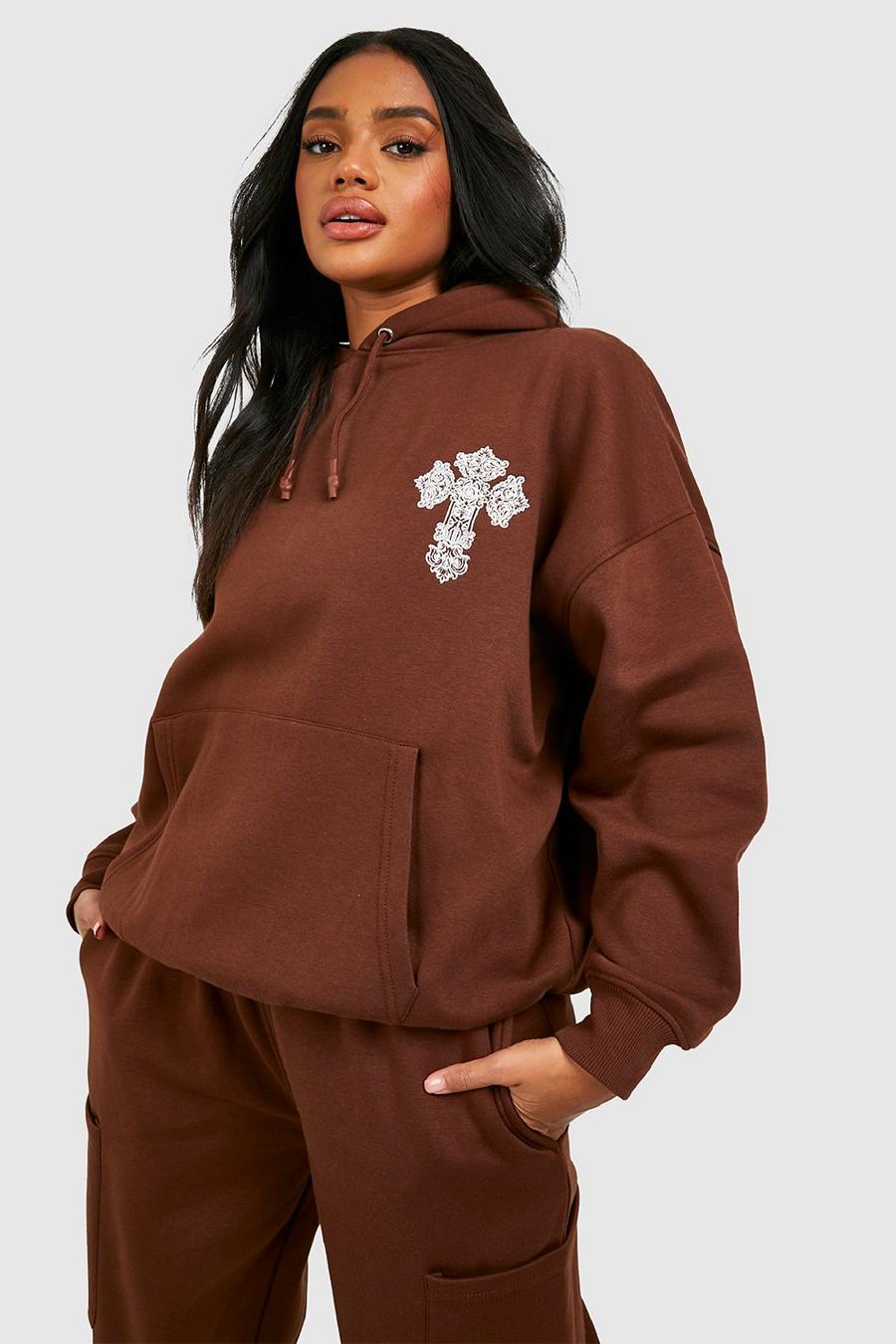 Chocolate New Szn Slogan Cross Embroidered Oversized Hoodie image number 1