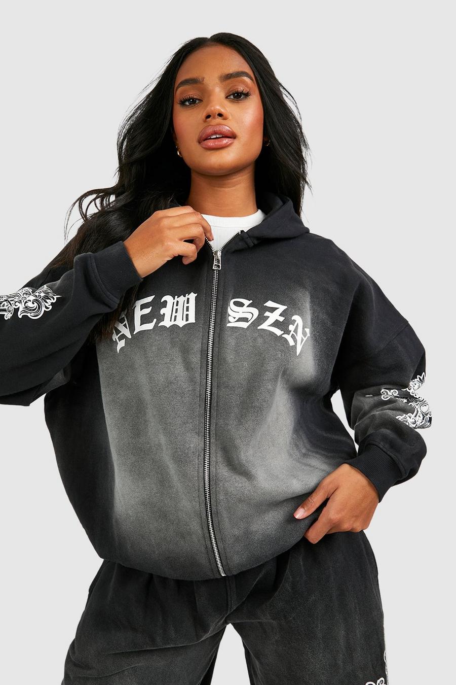 Charcoal New Szn Cross Printed Washed Oversized Zip Through Hoodie