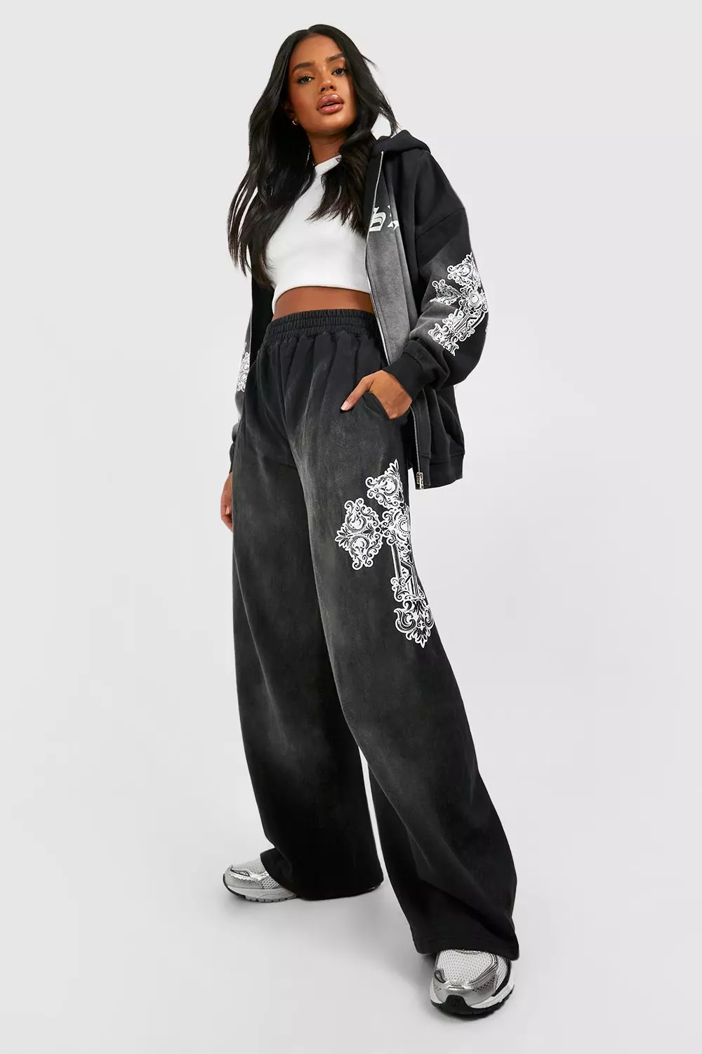 Charcoal Washed Cross Print Wide Leg Jogger alternative image