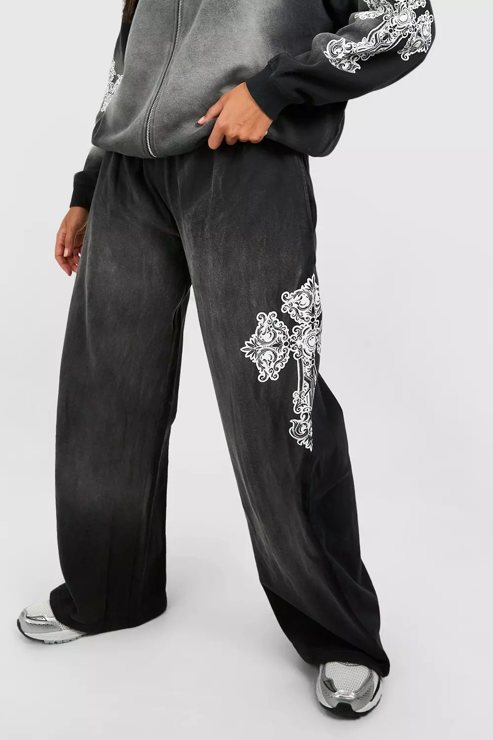 Charcoal Washed Cross Print Wide Leg Jogger alternative image