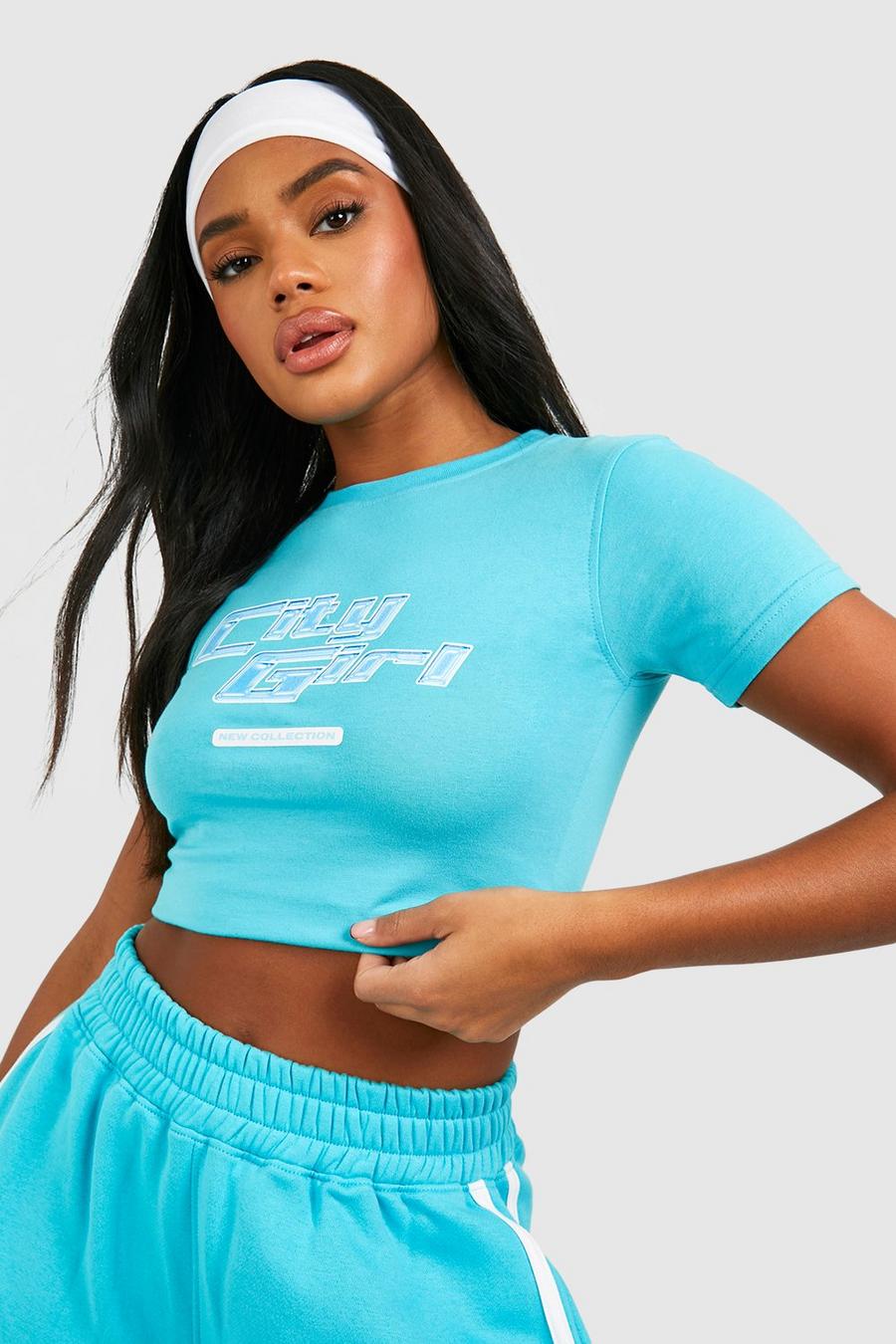 Kurzärmliges T-Shirt mit City Girl Slogan Print, Aqua image number 1