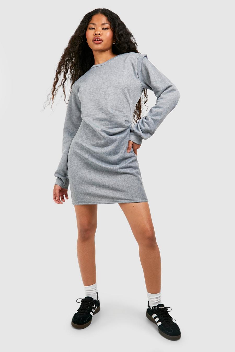 Grey Petite Shoulder Detail Ruched Sweater Dress image number 1