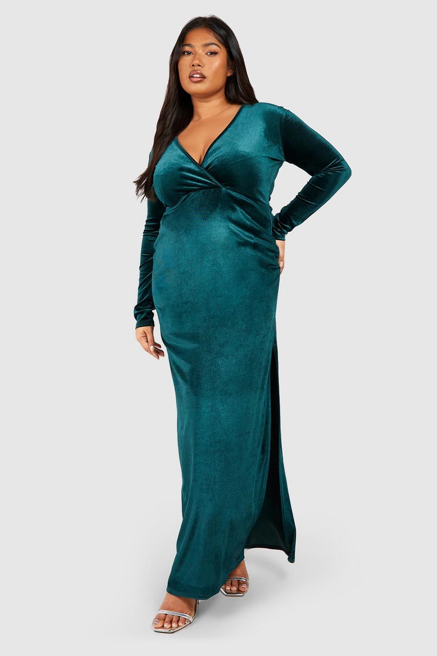Emerald Plus Velvet Plunge Split Maxi Dress image number 1