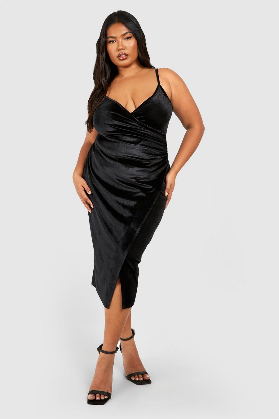 Black Plus Velvet Ruched Wrap Midi Dress image number 1