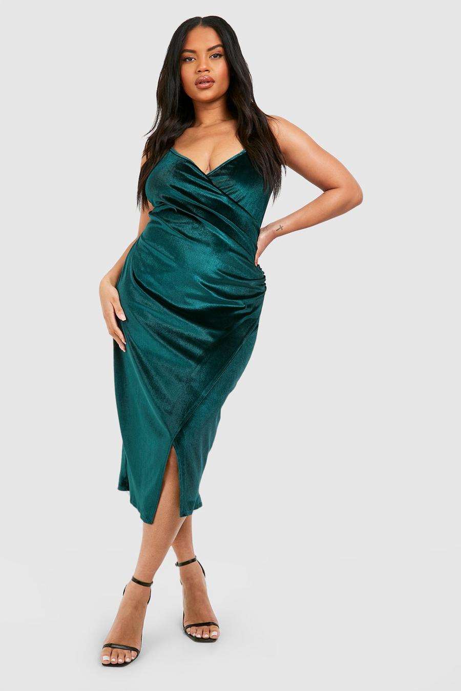 Emerald green Plus Velvet Ruched Wrap Midi Dress