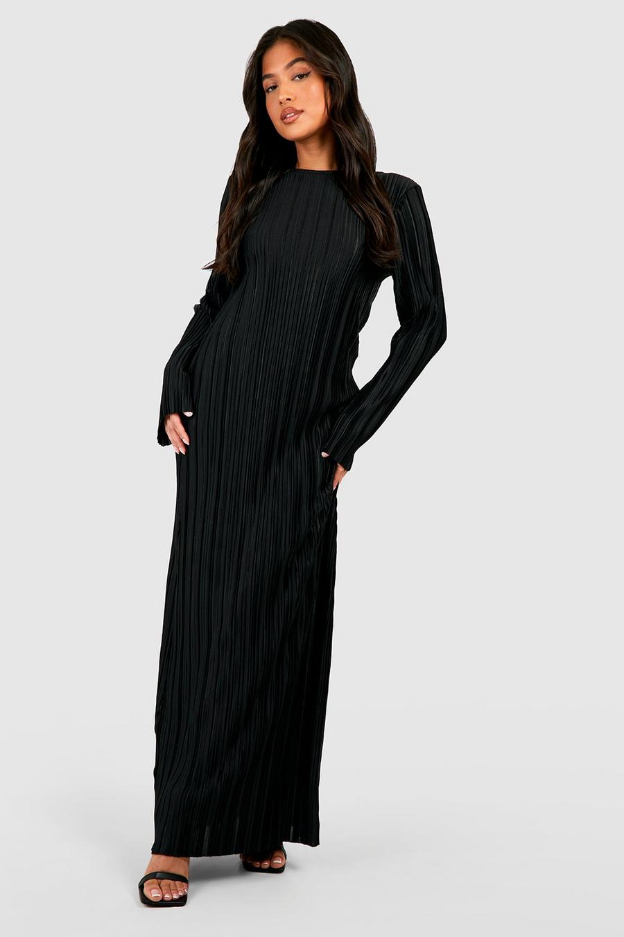 Black Petite Low Back Satin Plisse Maxi Dress image number 1