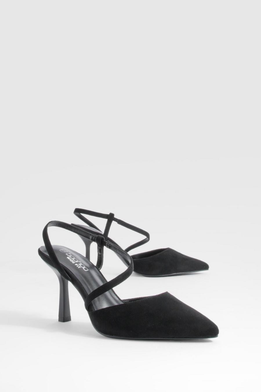 Black Wide Fit Asymmetric Strap Detail Court Shoes