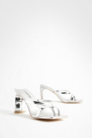 Toe Post Detail Heeled Mules silver