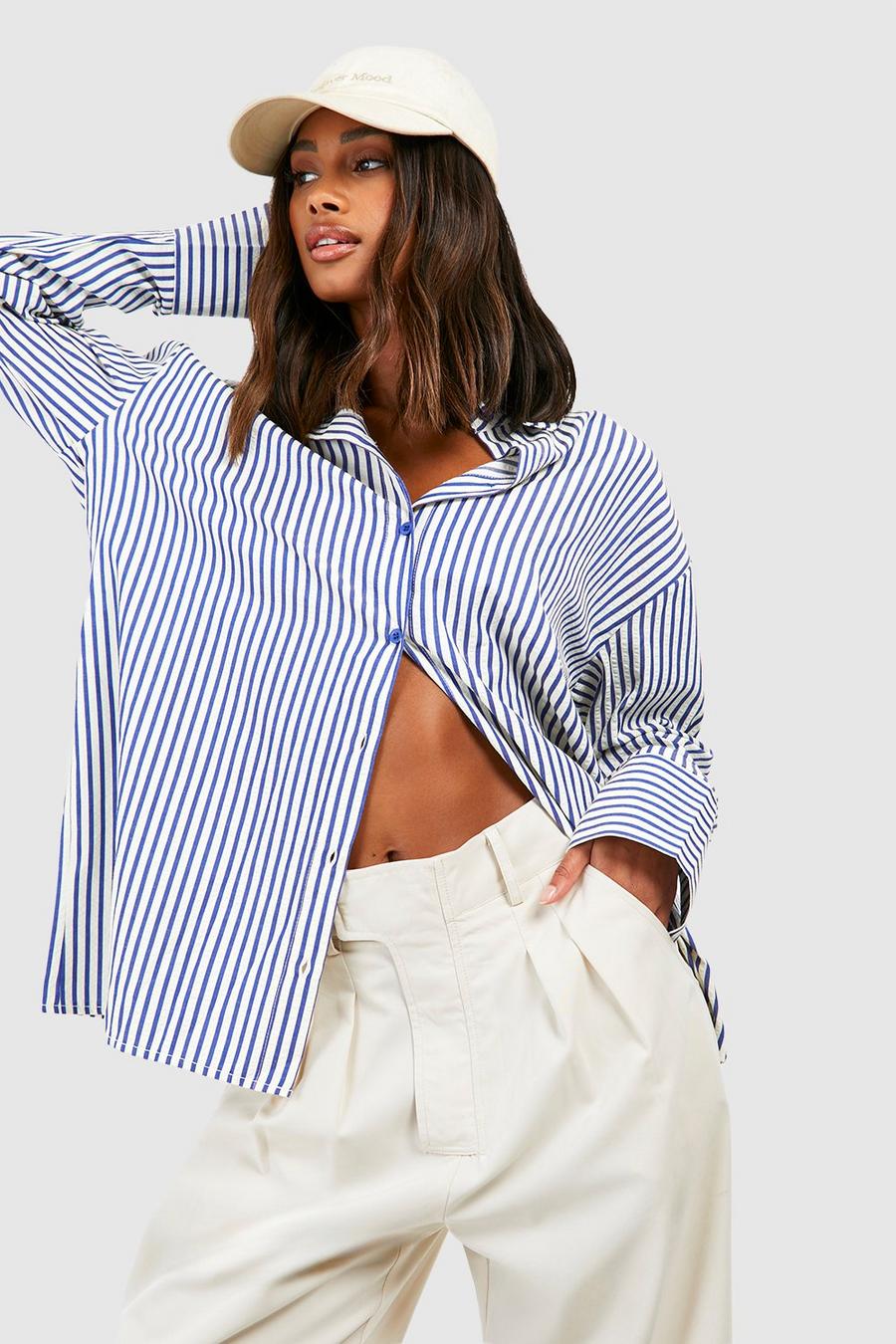 Blue Oversized Striped Pocket Detail Shirt  image number 1
