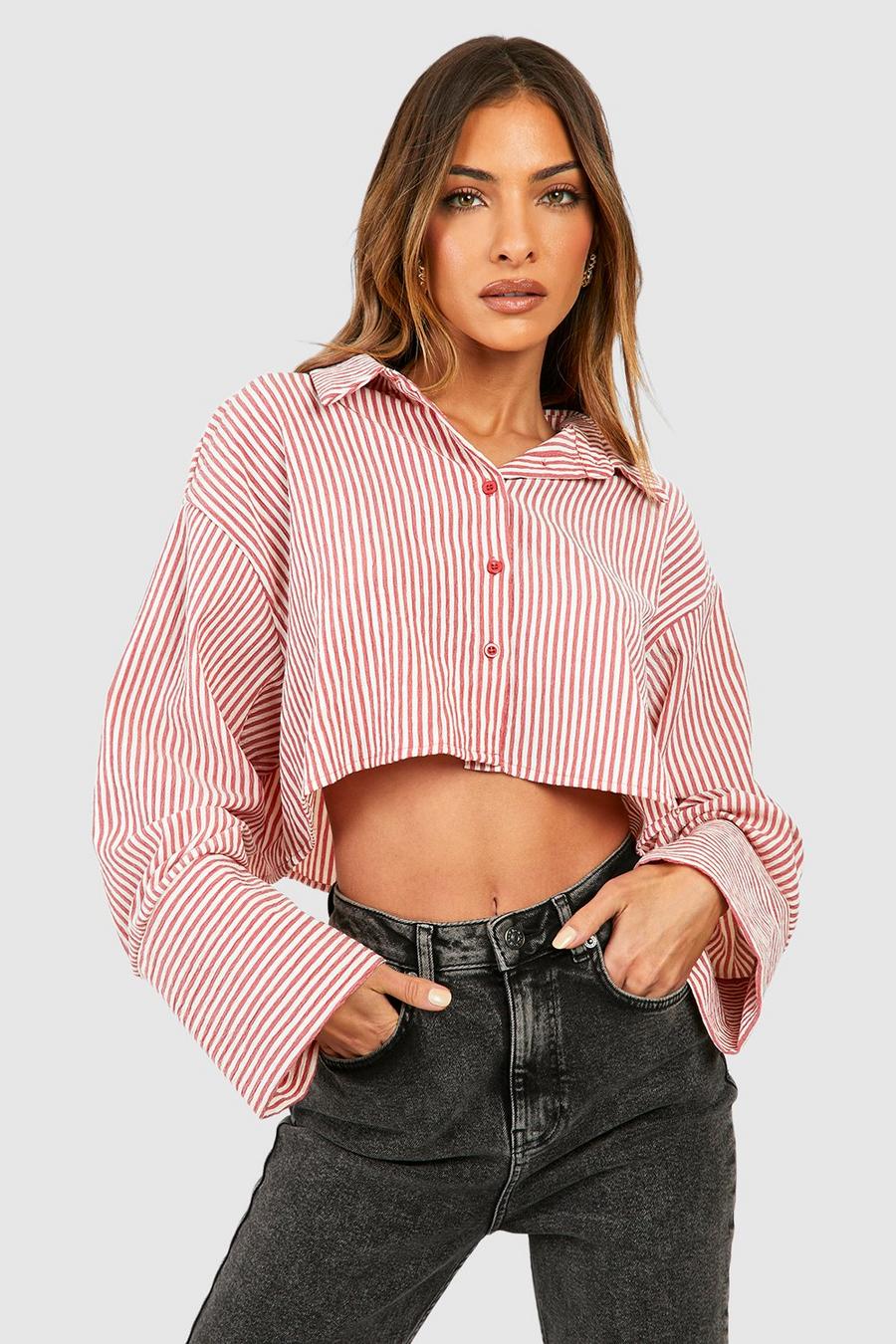 Pink Oversized Crop Wide Sleeve Striped Shirt  image number 1
