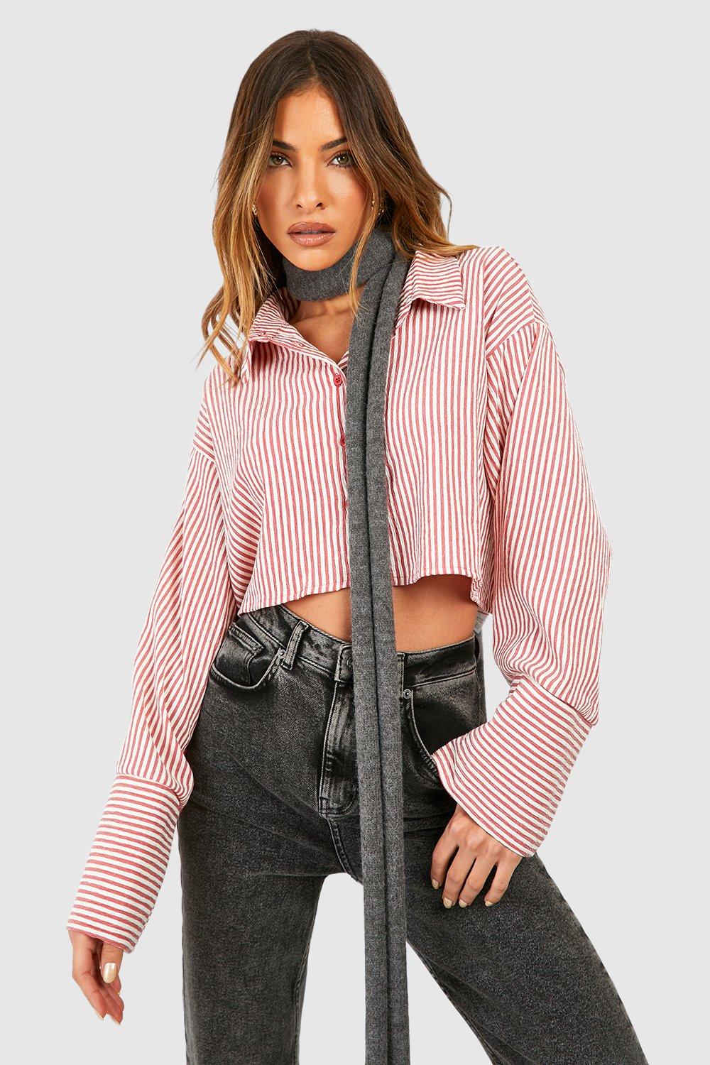 Oversized Crop Wide Sleeve Striped Shirt | boohoo USA Oversized Crop Wide Sleeve Striped Shirt | boohoo USA
