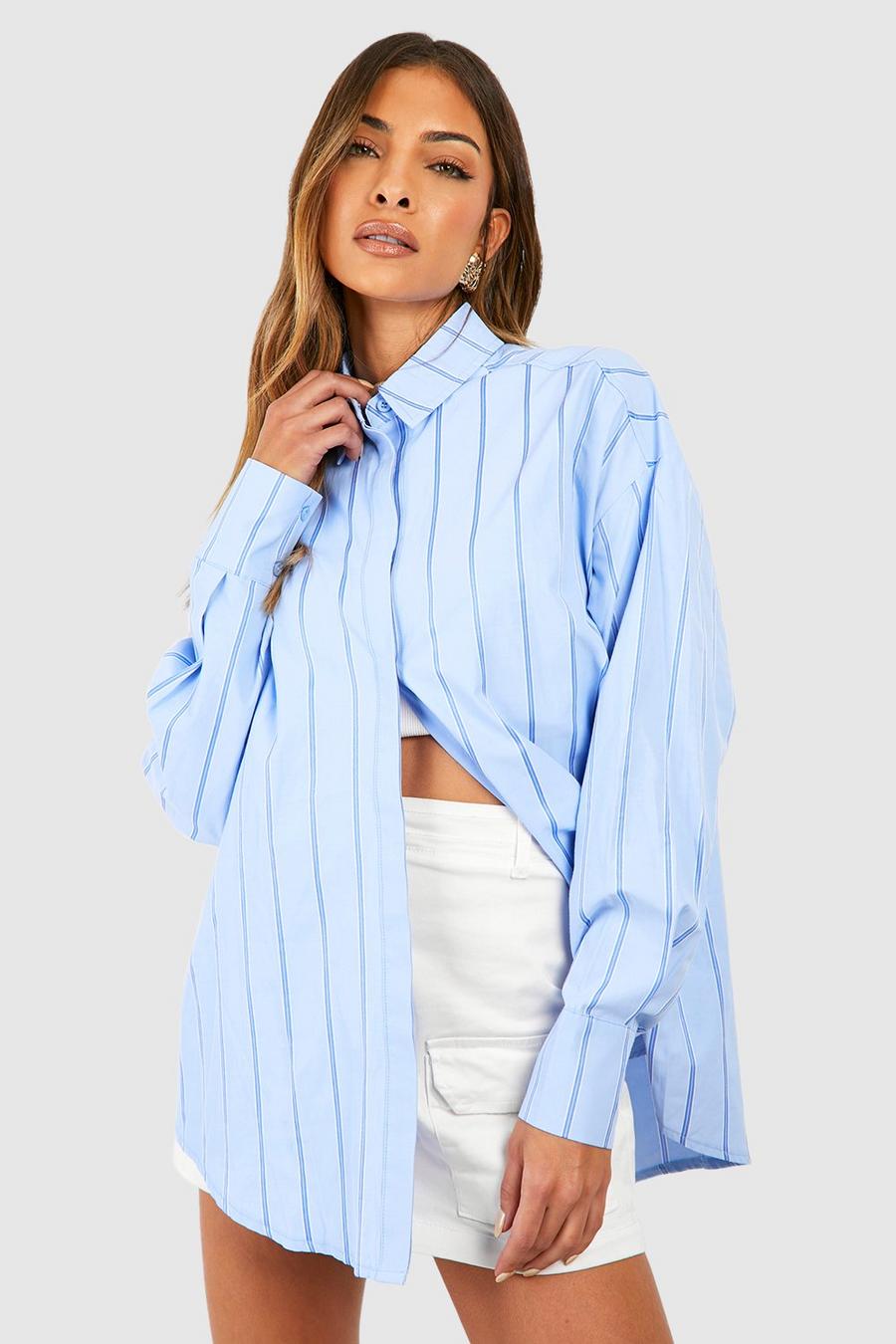 Camicia oversize a righe con spalle scese, Blue image number 1