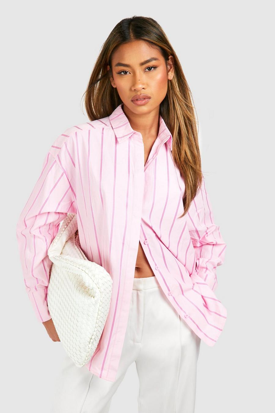 Pink Oversize randig skjorta med låg axelsöm image number 1