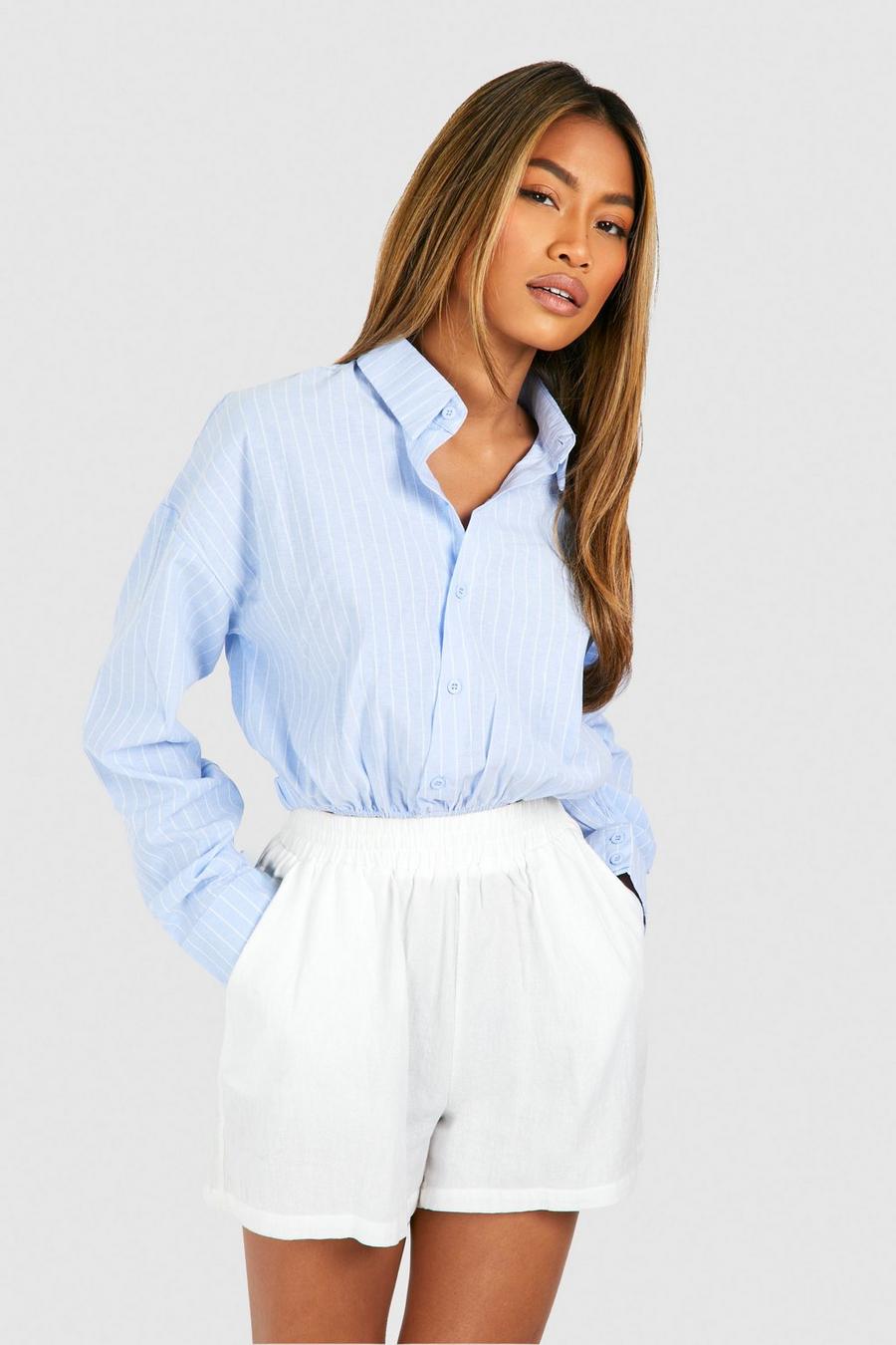 Blue Cropped Button Detail Striped Shirt  image number 1