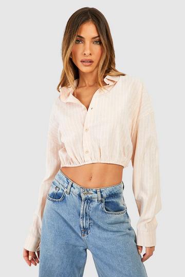 Stone Beige Cropped Button Detail Striped Shirt