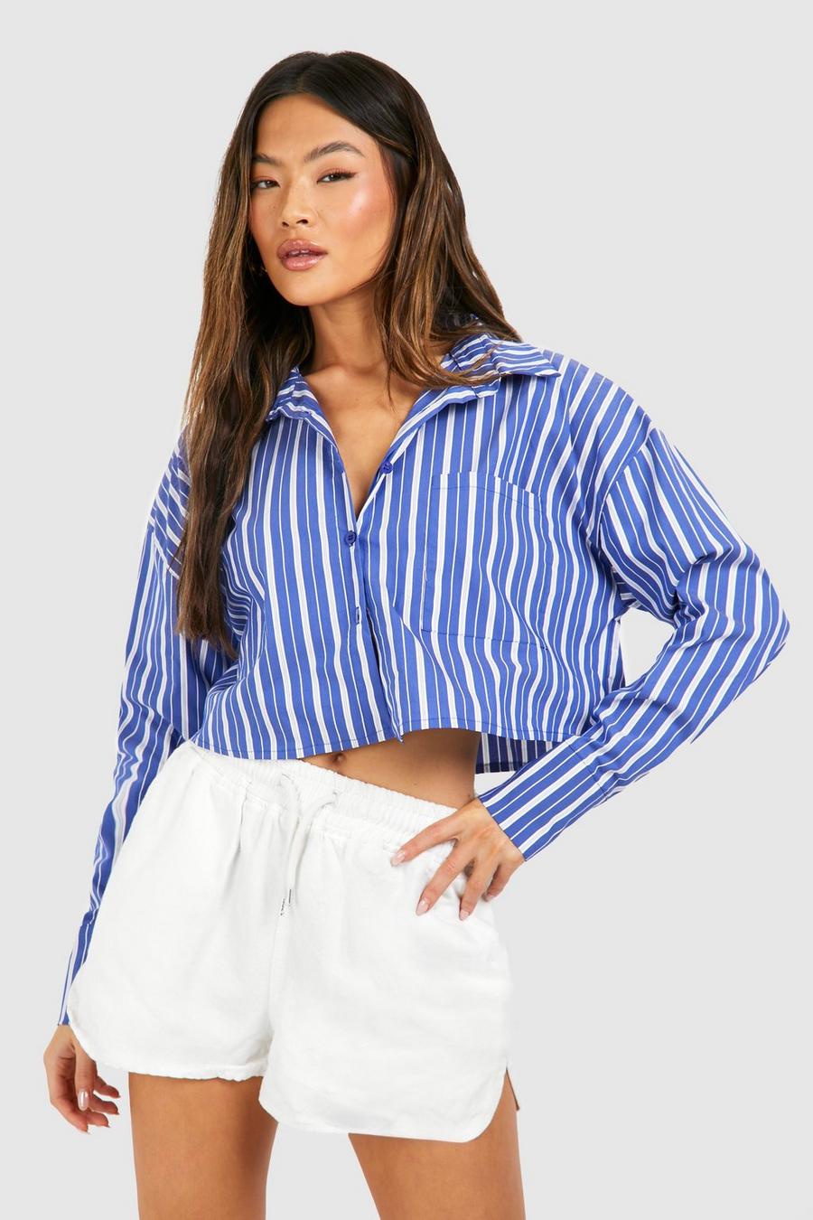 Navy Striped Boxy Cropped Shirt  image number 1
