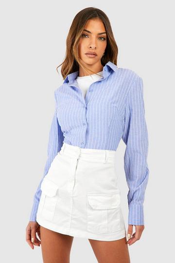 Shoulder Pad Cinched Waist Striped Shirt blue