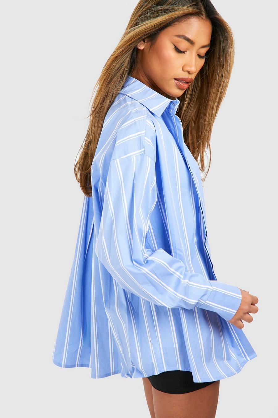 Camicia oversize in cotone popeline a righe, Blue image number 1