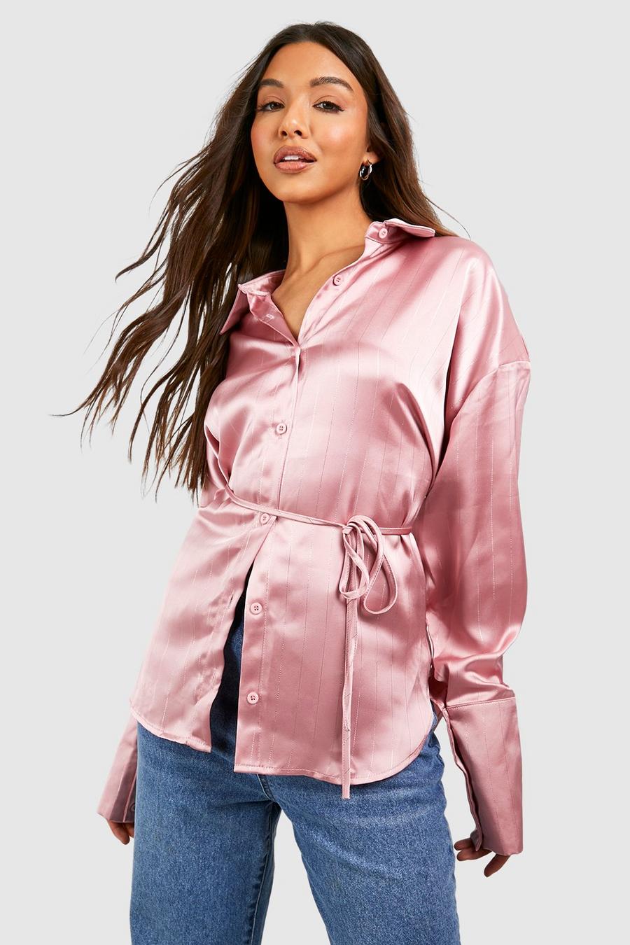 Camicia in raso a righe metallizzate con polsini ampi, Dusky pink image number 1