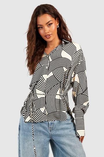 Black Satin Geo Stripe Deep Cuff Shirt