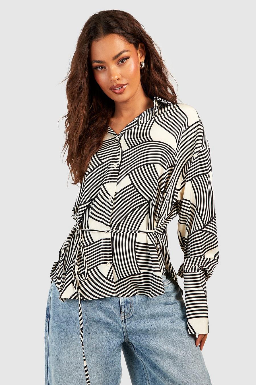 Black Satin Geo Stripe Deep Cuff Shirt  image number 1
