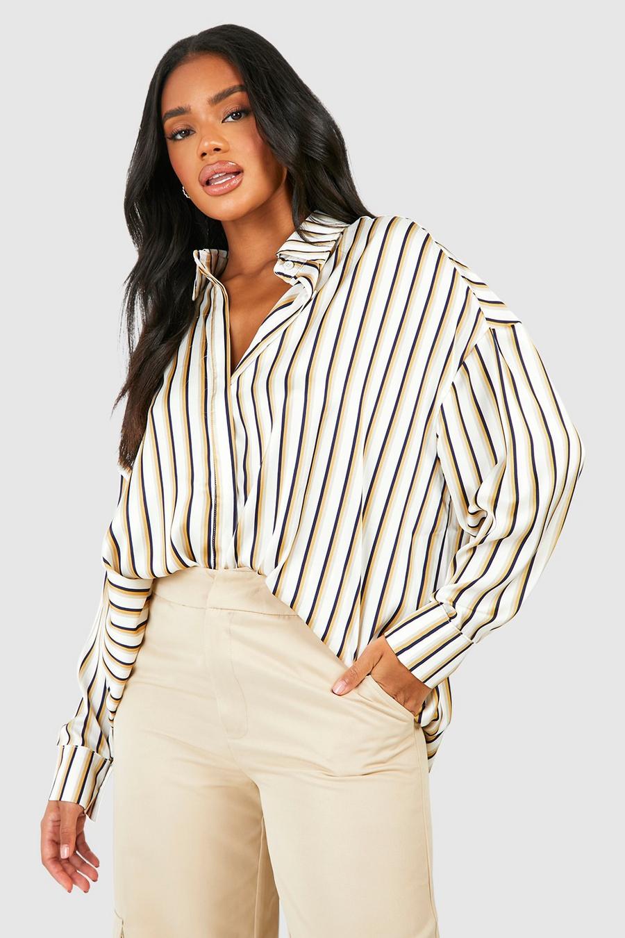 Stone Satin Multi Stripe Drop Shoulder Shirt  image number 1