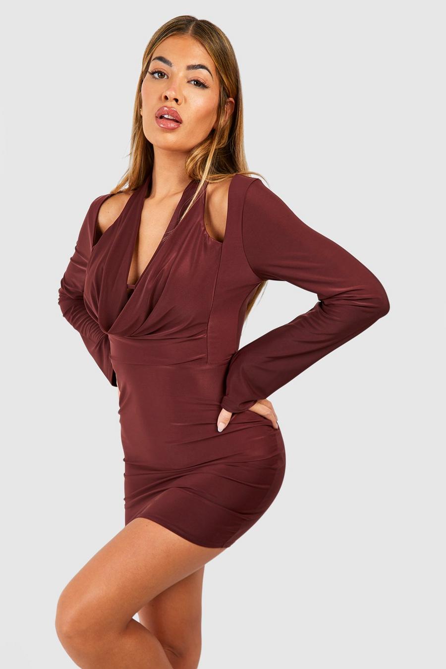 Chocolate Cowl Front Matte Slinky Long Sleeve Mini Dress image number 1