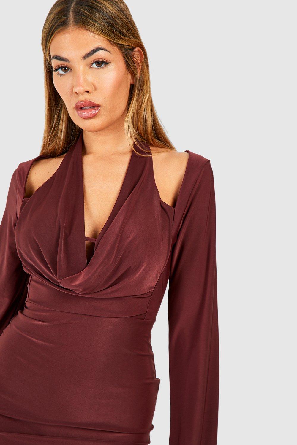 boohoo Maternity Long Sleeve Slinky Cowl Neck Midi Dress - ShopStyle