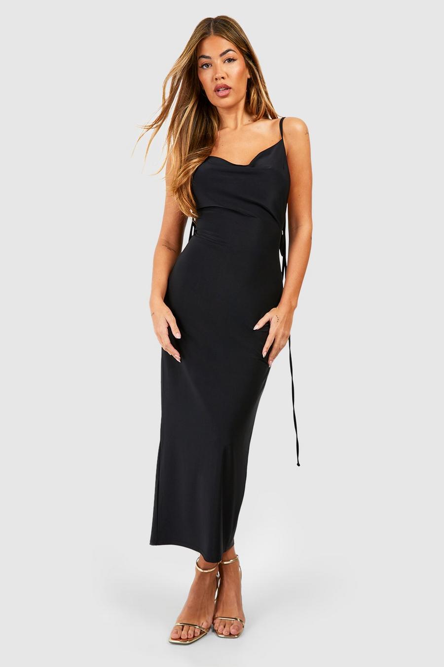 Black Ruched Bum Matte Slinky Strappy Midaxi Dress image number 1
