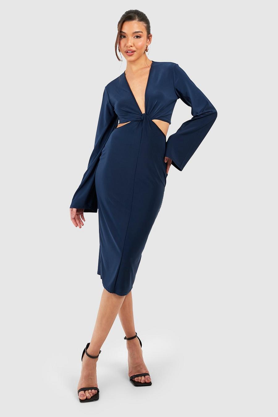 Navy Twist Front Cut Out Matte Slinky Midi Dress image number 1