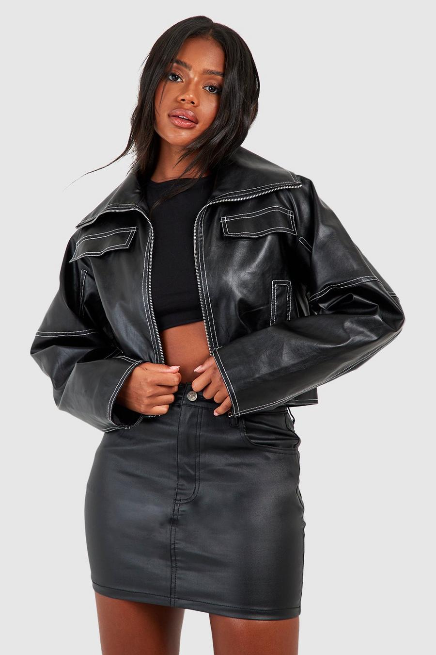 Black Contrast Detail Faux Leather Jacket image number 1