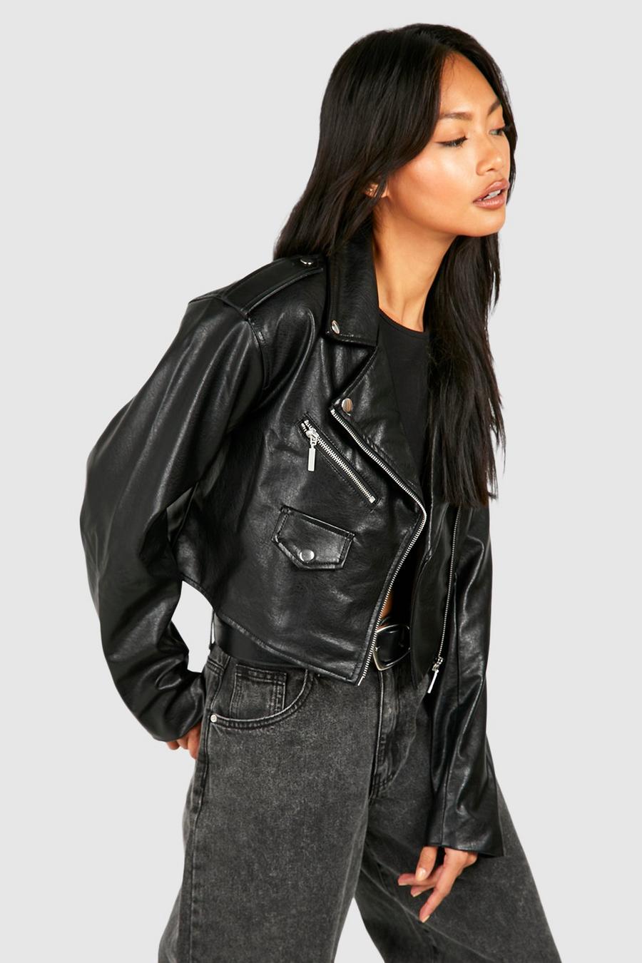 Black Cropped Faux Leather Moto Jacket image number 1