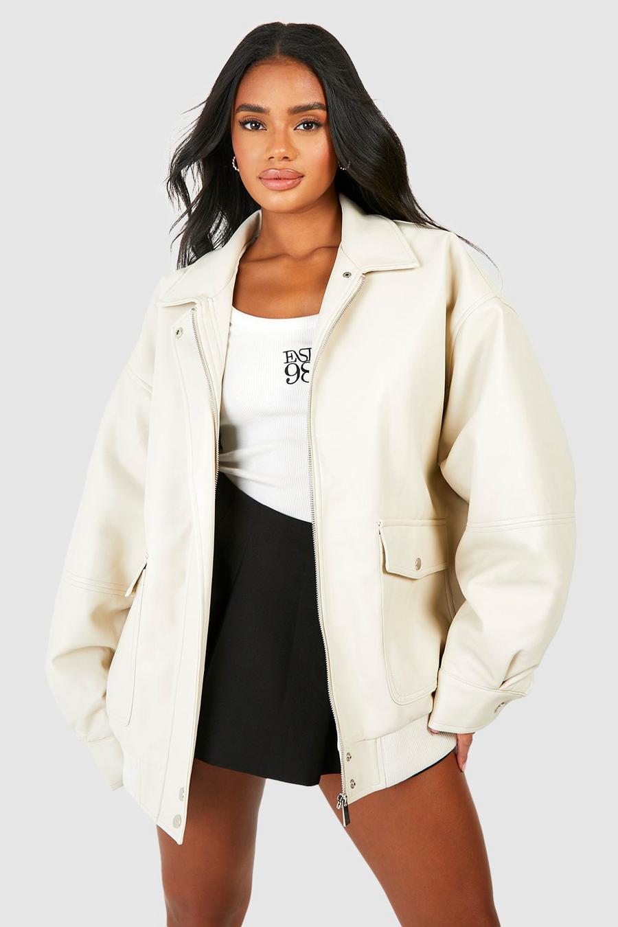 Cream Oversized Collar Faux Leather Jacket  