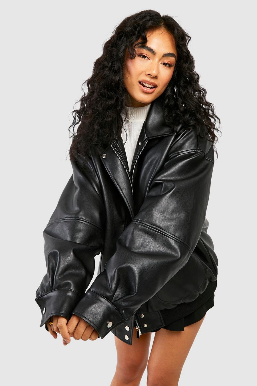 Black Pre-Ownedsized Collar Faux Leather Jacket  image number 1