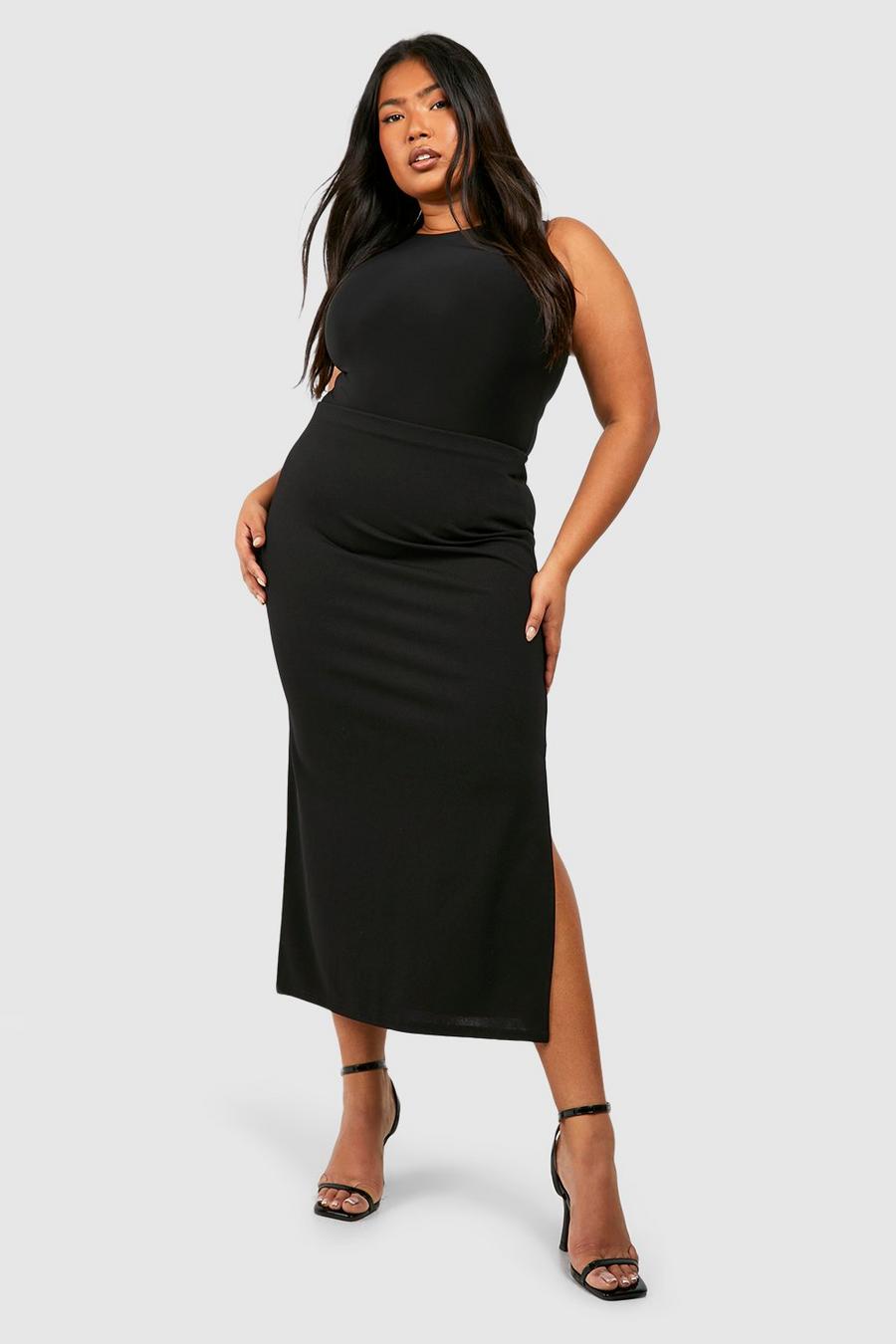 Gonna longuette Plus Size in crêpe con spacco laterale, Black image number 1