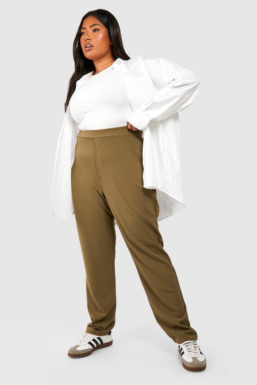Pantalón Plus ajustado de tela crepé, Khaki