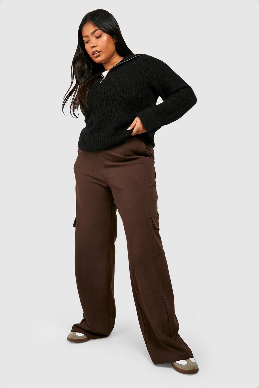 Chocolate brown Plus Crepe Cargo Pocket Trousers