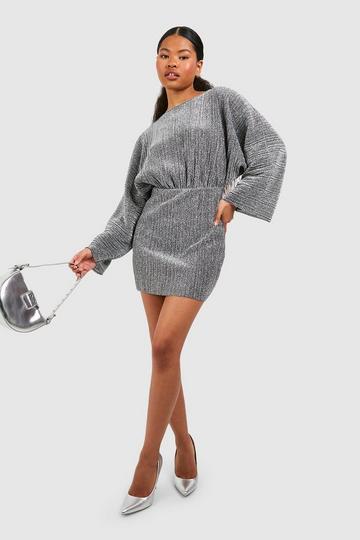 Petite Glitter Plisse Batwing Mini Dress silver