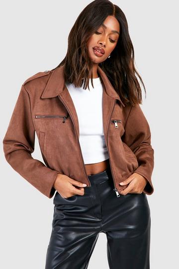 Chocolate Brown Crop Faux Suede Jacket