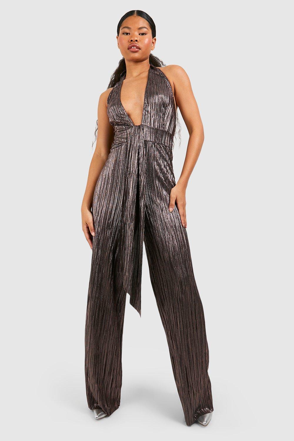 Metallic halter hot sale jumpsuit