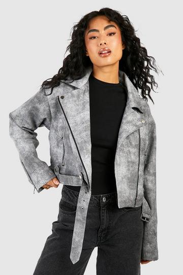 Vintage Look Faux Leather Biker Jacket grey