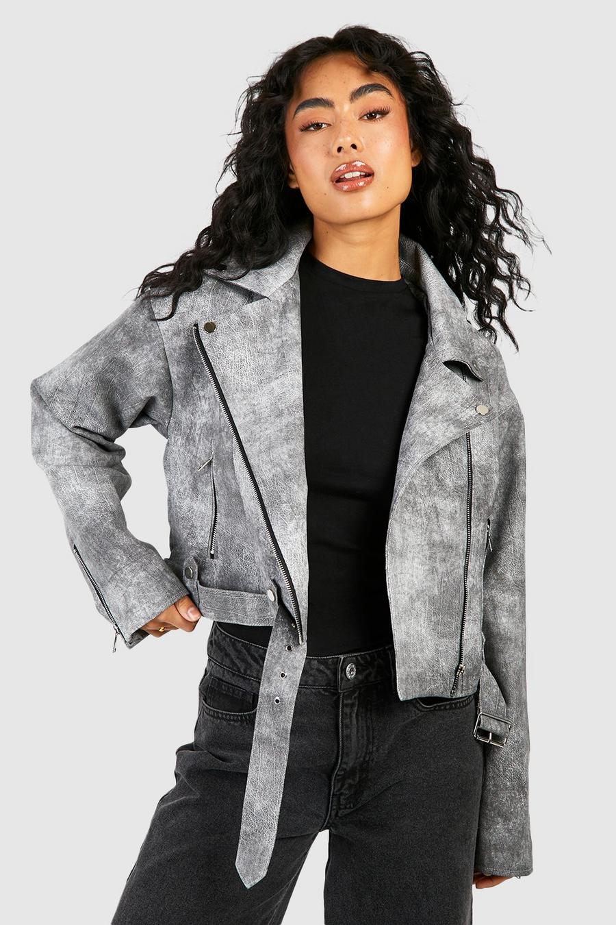 Grey Vintage Look Faux Leather Biker Jacket 